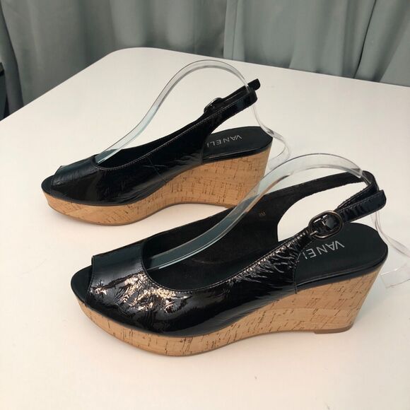 VANELi Sandals Womens 8M Black Patent Peep Toe Slingback Cork Wedge 3.5 inch - Picture 2 of 8